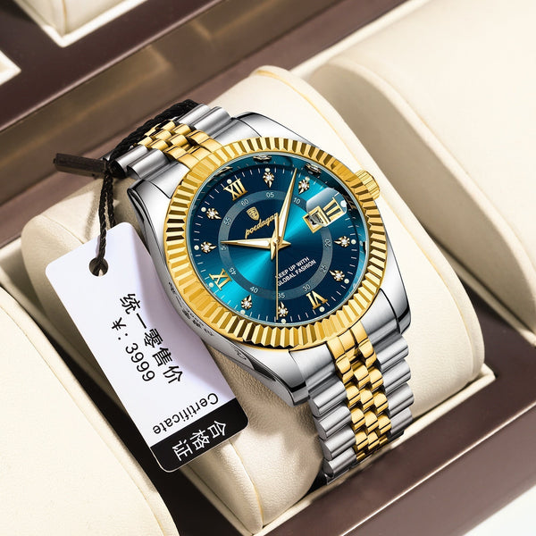 Poedagar Men's Luxury Quartz Watch with multi-layered dial, luminous hands, date display, stainless steel band, and water-resistant design in multiple colors