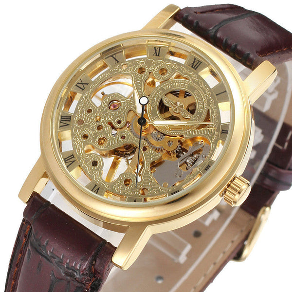 Men's skeleton mechanical watch with open-worked dial showing intricate gears and exhibition case back in multiple colorways and premium strap options