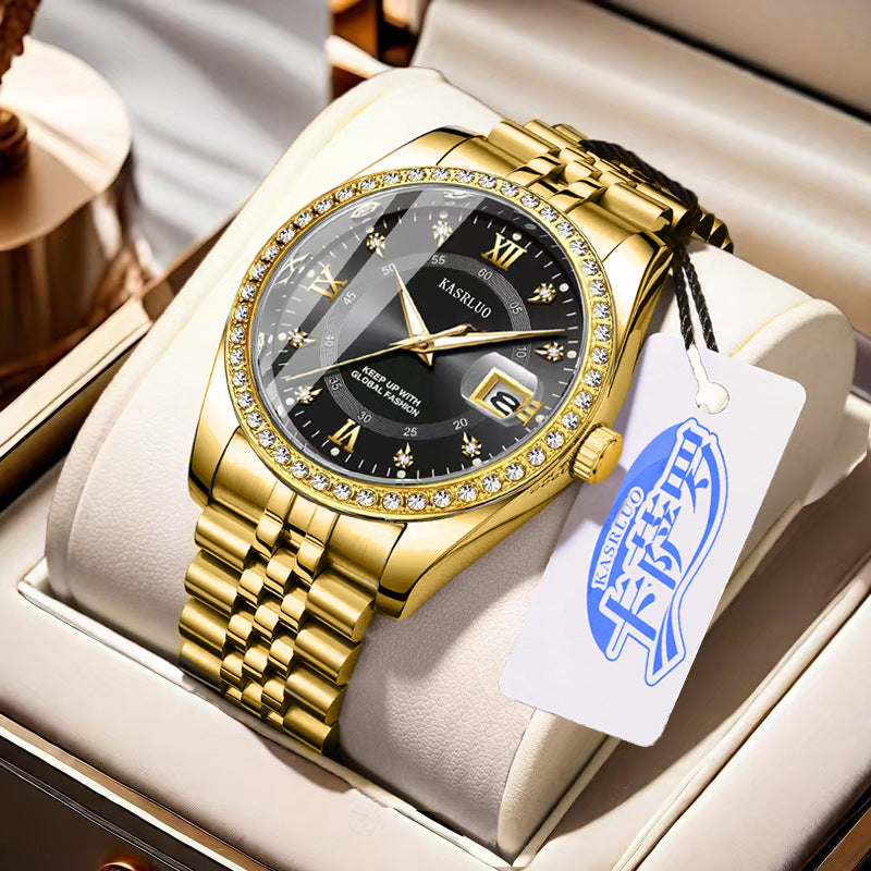 Kasrluo Roman Numerals Diamond Calendar Steel Band Watch
