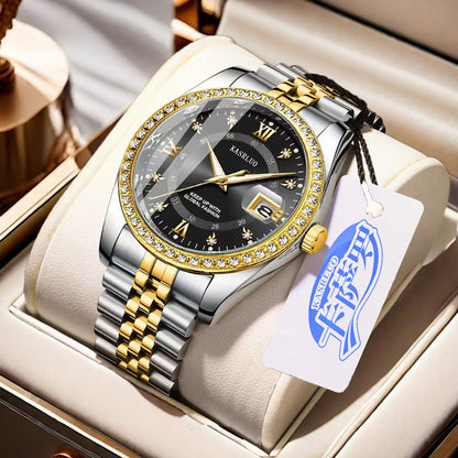 Kasrluo Roman Numerals Diamond Calendar Steel Band Watch