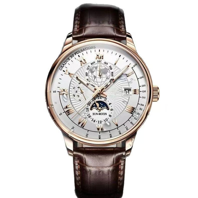 Mens Quartz Watch Moon Phase Waterproof Luminous Calendar