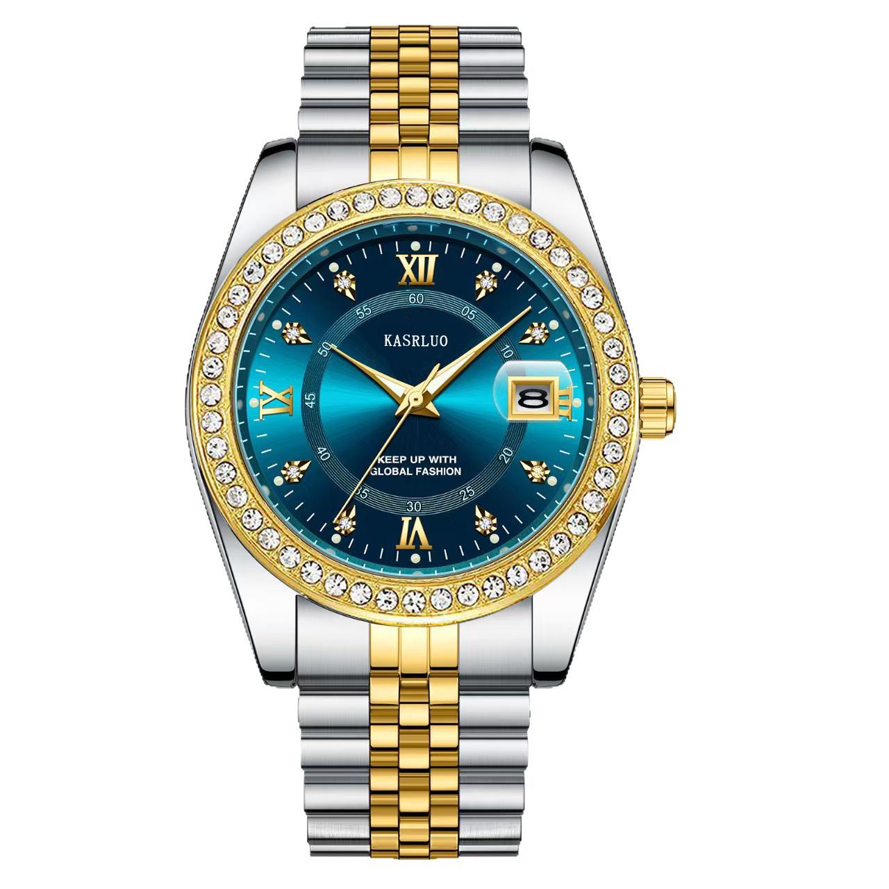 Kasrluo Roman Numerals Diamond Calendar Steel Band Watch