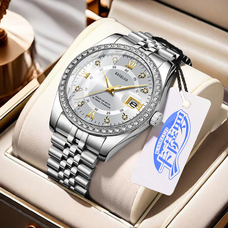 Kasrluo Roman Numerals Diamond Calendar Steel Band Watch