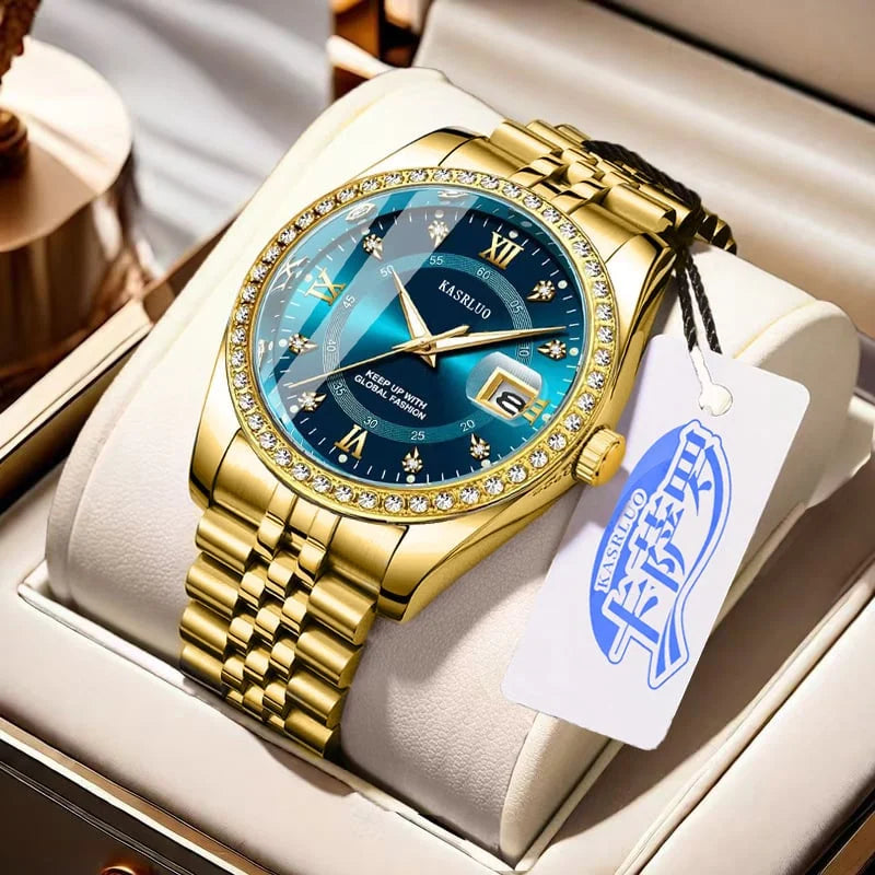 Kasrluo Roman Numerals Diamond Calendar Steel Band Watch
