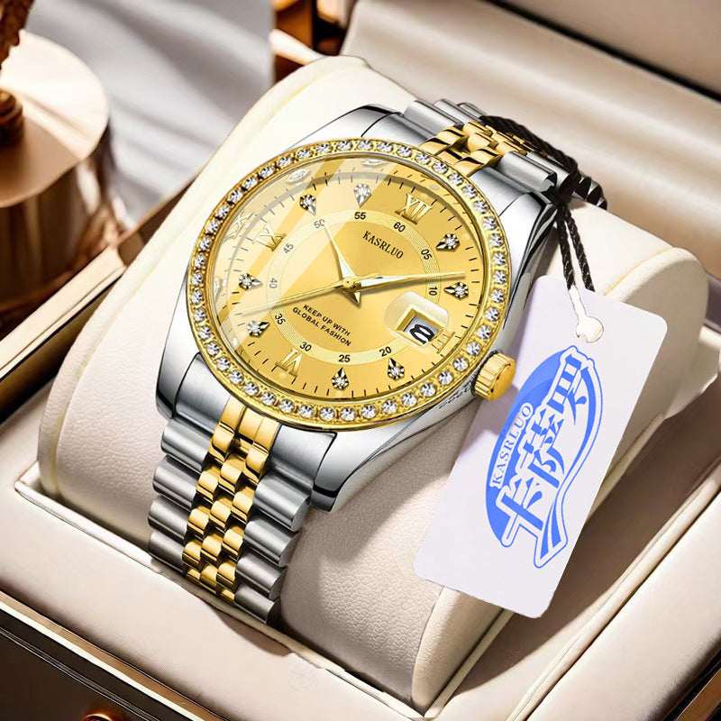 Kasrluo Roman Numerals Diamond Calendar Steel Band Watch
