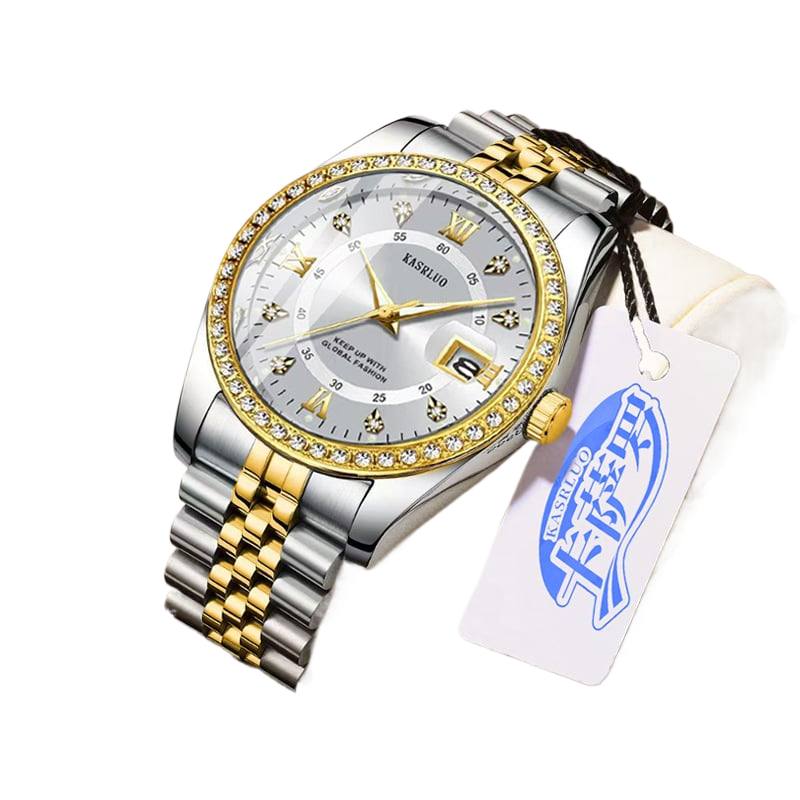 Kasrluo Roman Numerals Diamond Calendar Steel Band Watch