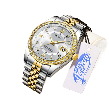 Kasrluo Roman Numerals Diamond Calendar Steel Band Watch
