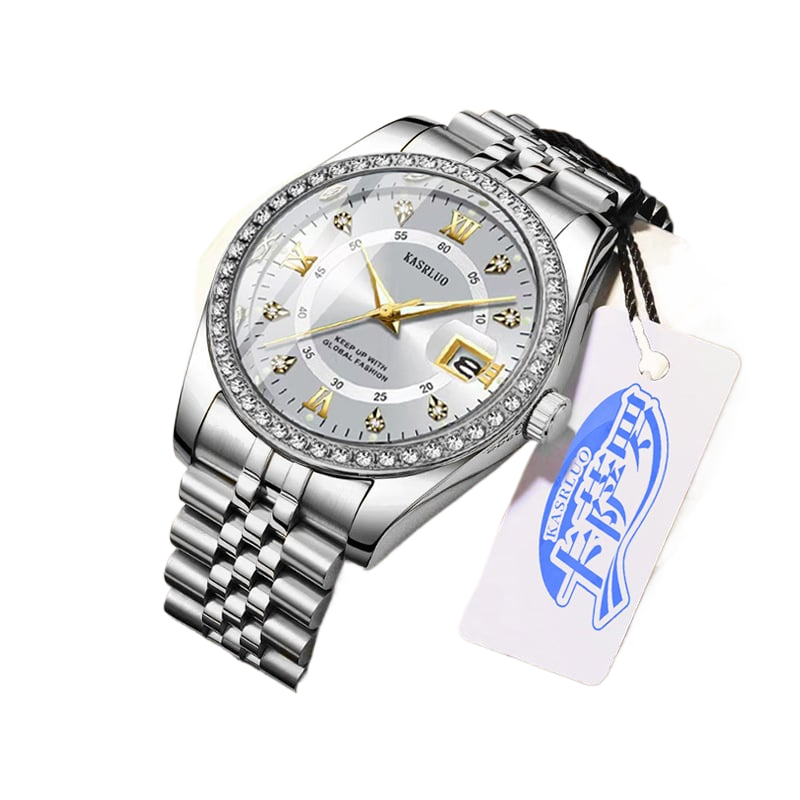 Kasrluo Roman Numerals Diamond Calendar Steel Band Watch