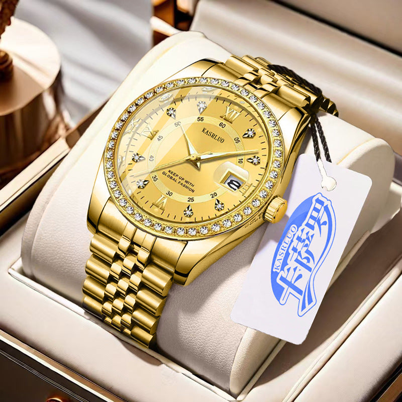 Kasrluo Roman Numerals Diamond Calendar Steel Band Watch