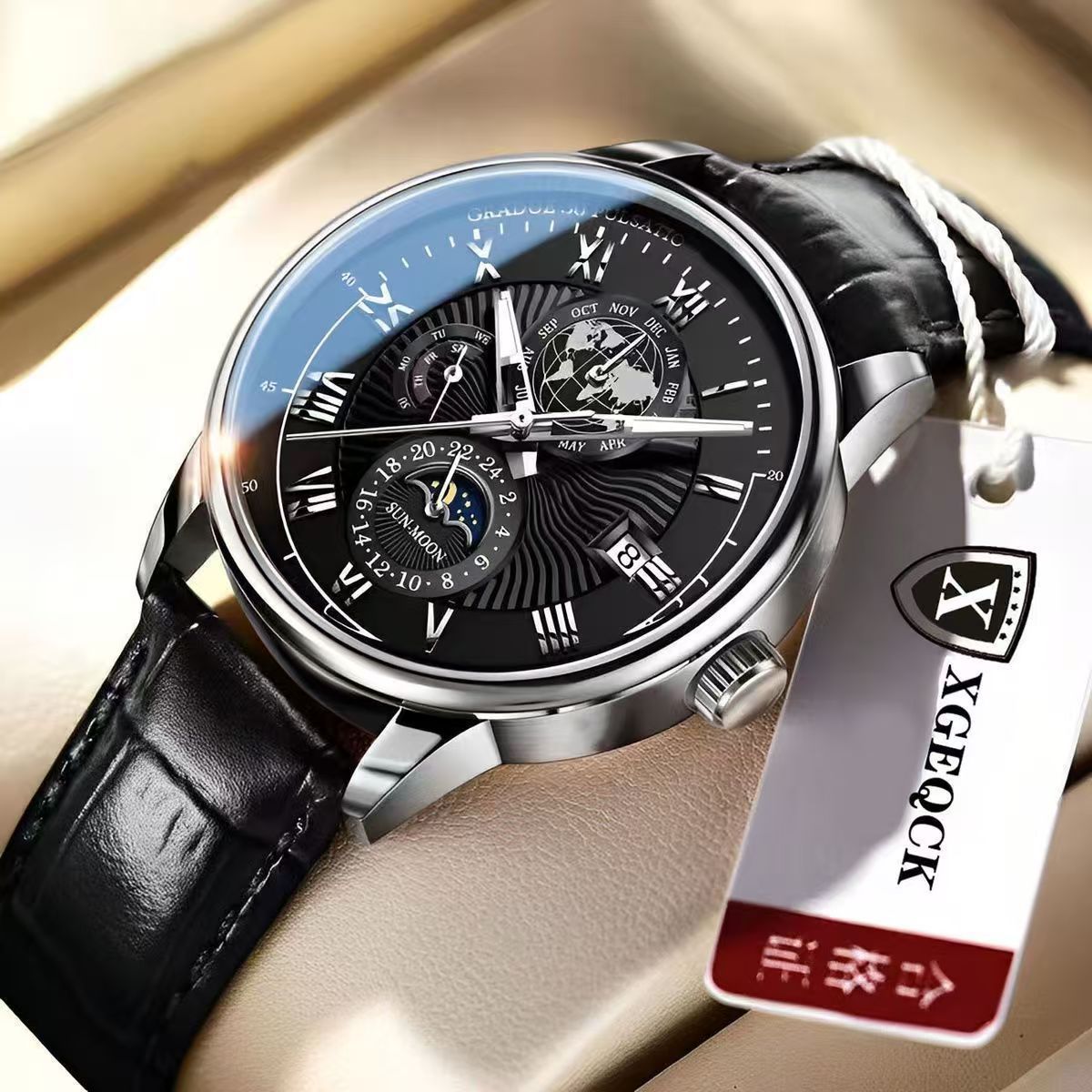 Mens Quartz Watch Moon Phase Waterproof Luminous Calendar