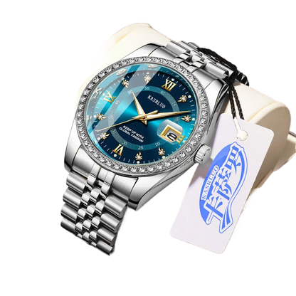 Kasrluo Roman Numerals Diamond Calendar Steel Band Watch