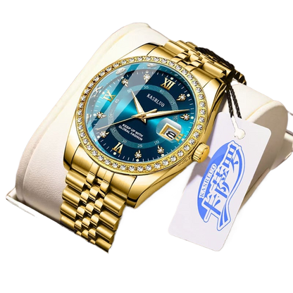 Kasrluo Roman Numerals Diamond Calendar Steel Band Watch