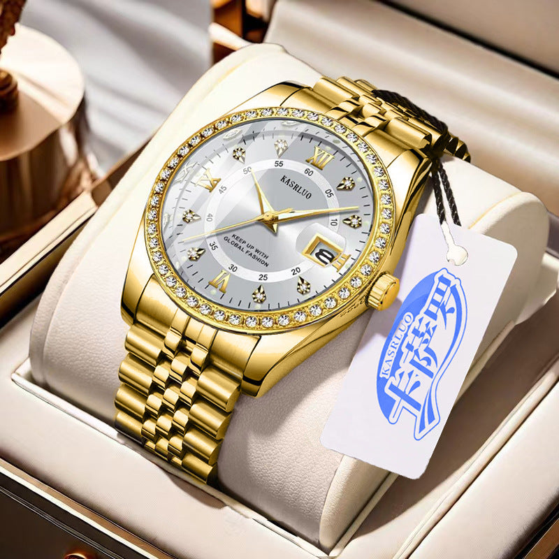 Kasrluo Roman Numerals Diamond Calendar Steel Band Watch