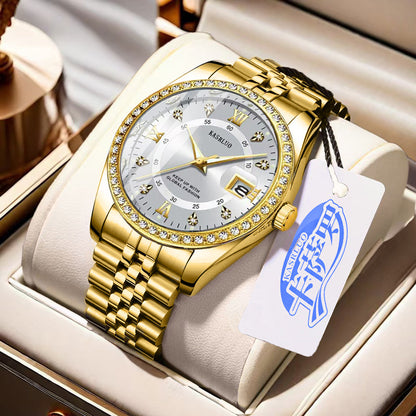 Kasrluo Roman Numerals Diamond Calendar Steel Band Watch