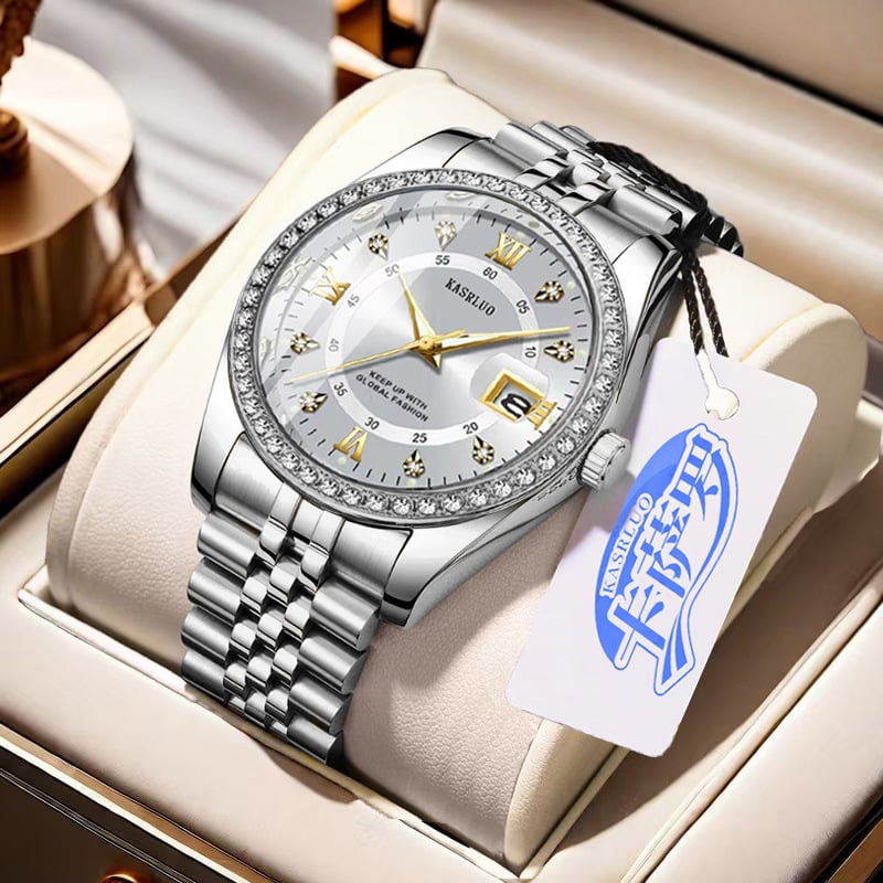 Kasrluo Roman Numerals Diamond Calendar Steel Band Watch